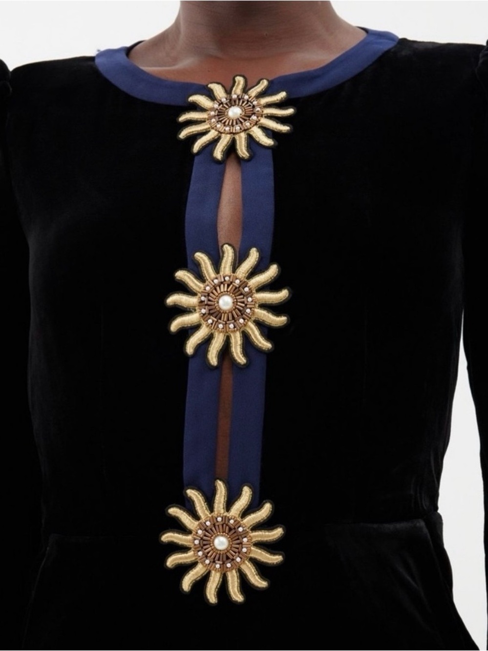 SALONI Black Velvet Jumpsuit with Navy Trim and Gold Sunburst Embellishments